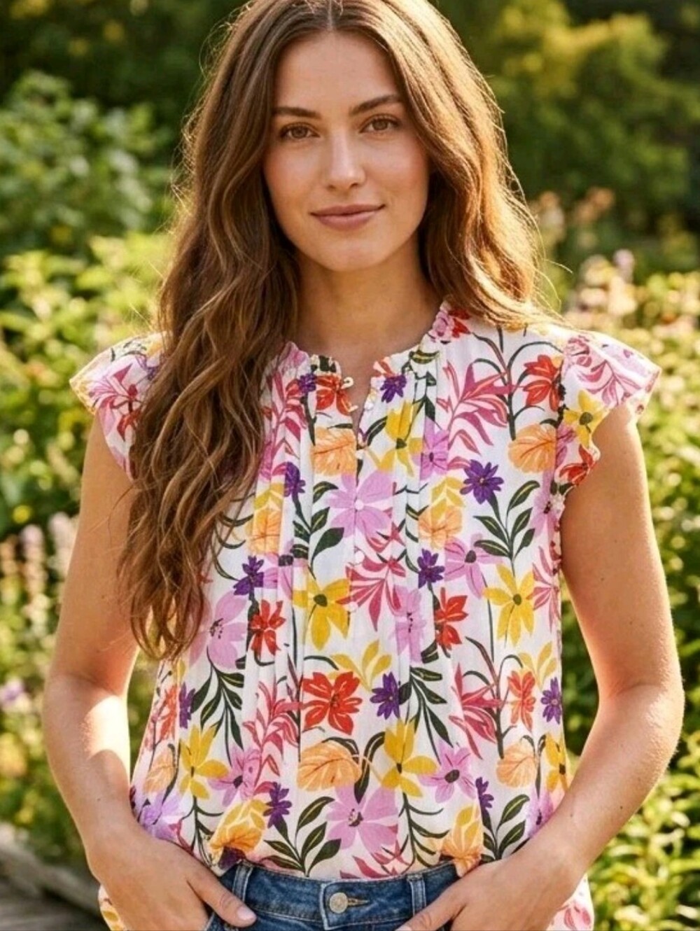 St. John's Bay Women's 1X Multi Floral Sleeveless Boho Blouse Pintucked Cotton